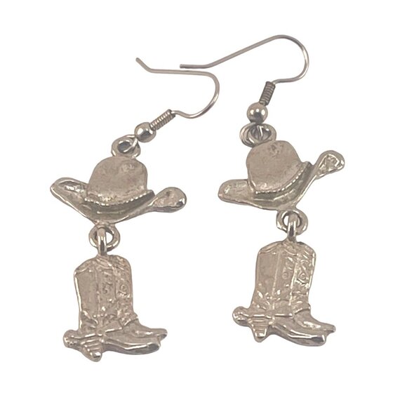 Cowboy Hat and Boot Dangle Earrings Western Themed Silver-Tone Jewelry Metal Hoo - Picture 3 of 5